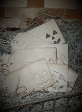 Load image into Gallery viewer, Primitive Coffee Stained Halloween Jack o Lantern Hang Tags~12~Aged~Cinnamon Vanilla Scented~Farmhouse Gifts~Tags~Rustic Tags~Halloween