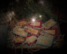 Load image into Gallery viewer, Homespun Hang Tag Set~Olde Thyme Christmas~Gift Tag Set~Barn Red~Sage~Plaid~Twine Bow Accent~Aged~Frayed~Handmande