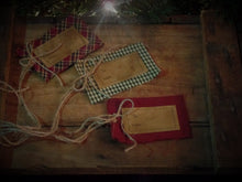 Load image into Gallery viewer, Homespun Hang Tag Set~Olde Thyme Christmas~Gift Tag Set~Barn Red~Sage~Plaid~Twine Bow Accent~Aged~Frayed~Handmande