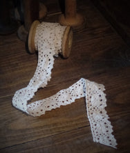 Load image into Gallery viewer, Primitive Rustic Farmhouse Scalloped Crocheted Lace Trim~ Cotton Ribbon~Coffee Stained or Natural~Tattered Primitive Embellishments~Cluny~