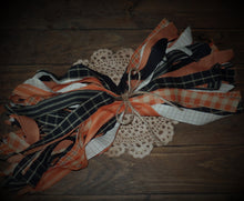 Load image into Gallery viewer, Farmhouse Halloween Homespun Fabric Strips Scraps~Orange & Black Rustic Home Decor~Plaid Stripe Check Fabric Strips for Garlands Wreaths