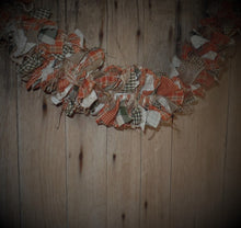 Load image into Gallery viewer, Farmhouse Fall Lighted Rag Garland~Rustic Home Fall Garland~Orange Sage Cream Homespun Fabric~Lighted Primitive Swag~Rustic Mantel Decor