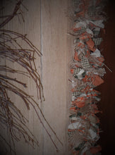 Load image into Gallery viewer, Farmhouse Fall Lighted Rag Garland~Rustic Home Fall Garland~Orange Sage Cream Homespun Fabric~Lighted Primitive Swag~Rustic Mantel Decor
