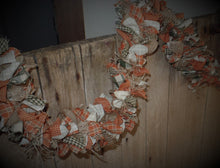 Load image into Gallery viewer, Farmhouse Fall Lighted Rag Garland~Rustic Home Fall Garland~Orange Sage Cream Homespun Fabric~Lighted Primitive Swag~Rustic Mantel Decor