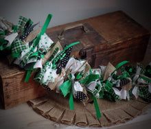 Load image into Gallery viewer, Farmhouse St. Patrick's Day Shamrock Fabric Lighted Rag Garland~Green~Burlap~Bows~String Lights~Mantle~Cabinet Tops~Entryway~Night Light~