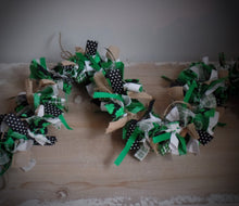 Load image into Gallery viewer, Farmhouse St. Patrick's Day Shamrock Fabric Lighted Rag Garland~Green~Burlap~Bows~String Lights~Mantle~Cabinet Tops~Entryway~Night Light~