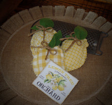 Load image into Gallery viewer, Farmhouse Lemon Tiered Tray Decor~Rustic Summer Bowl Fillers~Yellow Homespun Fabric~Hand Dyed Wool Leaves~Summer Home Decor~Fabric Lemons