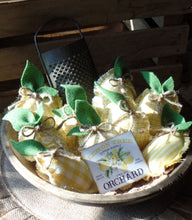 Load image into Gallery viewer, Farmhouse Lemon Tiered Tray Decor~Rustic Summer Bowl Fillers~Yellow Homespun Fabric~Hand Dyed Wool Leaves~Summer Home Decor~Fabric Lemons