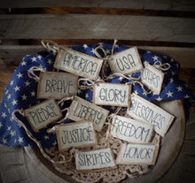Load image into Gallery viewer, Primitive 4th of July Stitched Hang Tags~Farmhouse Americana Bowl Fillers~Rustic~July 4th Grungy Coffee Stained Hang Tags~Prim Pencil Tree