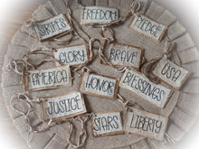 Load image into Gallery viewer, Primitive 4th of July Stitched Hang Tags~Farmhouse Americana Bowl Fillers~Rustic~July 4th Grungy Coffee Stained Hang Tags~Prim Pencil Tree