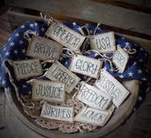 Load image into Gallery viewer, Primitive 4th of July Stitched Hang Tags~Farmhouse Americana Bowl Fillers~Rustic~July 4th Grungy Coffee Stained Hang Tags~Prim Pencil Tree