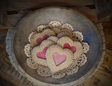 Load image into Gallery viewer, Primitive Rustic Farmhouse Faux Sparkle Heart Cookies~Valentine's Day Bowl Filler~Pink or Red Glitter~Lightly Scented~Valentine Ornies Decor