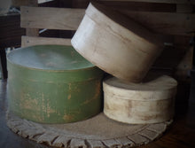 Load image into Gallery viewer, Primitive Distressed Aged Grungy Nesting Pantry Boxes~Farmhouse Rustic Kitchen Stacking Boxes~Warm Sage~Beige~Cream~Farmhouse Bath Storage