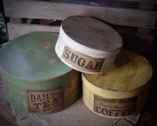 Load image into Gallery viewer, Primitive Distressed Aged Grungy Nesting Pantry Boxes~Farmhouse Rustic Stacking Kitchen Boxes~Muted Sage~Yellow~Cream~Grungy Pantry Labels
