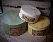 Load image into Gallery viewer, Primitive Distressed Aged Grungy Nesting Pantry Boxes~Farmhouse Rustic Stacking Kitchen Boxes~Muted Sage~Yellow~Cream~Grungy Pantry Labels