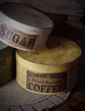 Load image into Gallery viewer, Primitive Distressed Aged Grungy Nesting Pantry Boxes~Farmhouse Rustic Stacking Kitchen Boxes~Muted Sage~Yellow~Cream~Grungy Pantry Labels
