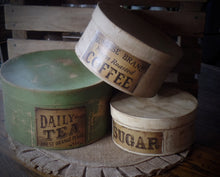 Load image into Gallery viewer, Primitive Distressed Aged Grungy Nesting Pantry Boxes~Farmhouse Rustic Stacking Kitchen Boxes~Muted Sage~Taupe~Cream~Grungy Pantry Labels