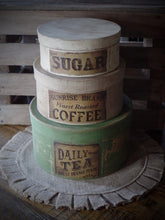 Load image into Gallery viewer, Primitive Distressed Aged Grungy Nesting Pantry Boxes~Farmhouse Rustic Stacking Kitchen Boxes~Muted Sage~Taupe~Cream~Grungy Pantry Labels