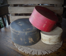 Load image into Gallery viewer, Primitive Distressed Aged Grungy Nesting Pantry Boxes~Farmhouse Rustic Kitchen Stacking Boxes~Muted Gray~Red~Cream