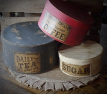 Load image into Gallery viewer, Primitive Distressed Aged Grungy Nesting Pantry Boxes~Farmhouse Rustic Stacking Kitchen Boxes~Muted Gray~Red~Cream~Grungy Pantry Labels