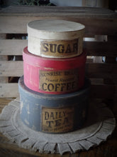 Load image into Gallery viewer, Primitive Distressed Aged Grungy Nesting Pantry Boxes~Farmhouse Rustic Stacking Kitchen Boxes~Muted Gray~Red~Cream~Grungy Pantry Labels