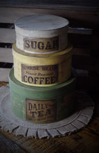 Load image into Gallery viewer, Primitive Distressed Aged Grungy Nesting Pantry Boxes~Farmhouse Rustic Stacking Kitchen Boxes~Muted Sage~Yellow~Cream~Grungy Pantry Labels