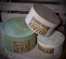 Load image into Gallery viewer, Primitive Distressed Aged Grungy Nesting Pantry Boxes~Farmhouse Rustic Stacking Kitchen Boxes~Muted Sage~Taupe~Cream~Grungy Pantry Labels