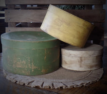 Load image into Gallery viewer, Primitive Distressed Aged Grungy Nesting Pantry Boxes~Farmhouse Rustic Kitchen Stacking Boxes~Warm Sage~Yellow~Cream~Farmhouse Bath Storage