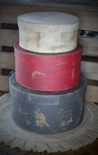Load image into Gallery viewer, Primitive Distressed Aged Grungy Nesting Pantry Boxes~Farmhouse Rustic Kitchen Stacking Boxes~Muted Gray~Red~Cream