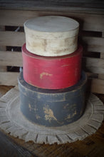 Load image into Gallery viewer, Primitive Distressed Aged Grungy Nesting Pantry Boxes~Farmhouse Rustic Kitchen Stacking Boxes~Muted Gray~Red~Cream