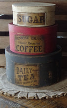 Load image into Gallery viewer, Primitive Distressed Aged Grungy Nesting Pantry Boxes~Farmhouse Rustic Stacking Kitchen Boxes~Muted Gray~Red~Cream~Grungy Pantry Labels