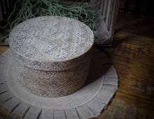 Load image into Gallery viewer, Primitive Distressed Aged Grungy Tattered Stained Shabby Gray Swirl Keepsake Box~Farmhouse Rustic Round Pantry Box with Lid