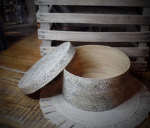 Load image into Gallery viewer, Primitive Distressed Aged Grungy Tattered Stained Shabby Gray Swirl Keepsake Box~Farmhouse Rustic Round Pantry Box with Lid