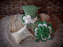 Load image into Gallery viewer, Farmhouse St. Patrick's Day Gathering~Leprechaun Hat~Layered Shamrock~Stitched Lucky Ornie~Green~Rusty Pin & Bell~Primitive Aged Grungy
