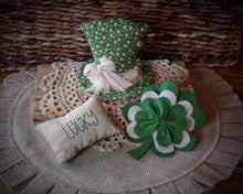 Load image into Gallery viewer, Farmhouse St. Patrick's Day Gathering~Leprechaun Hat~Layered Shamrock~Stitched Lucky Ornie~Green~Rusty Pin & Bell~Primitive Aged Grungy