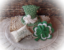 Load image into Gallery viewer, Farmhouse St. Patrick's Day Gathering~Leprechaun Hat~Layered Shamrock~Stitched Lucky Ornie~Green~Rusty Pin & Bell~Primitive Aged Grungy