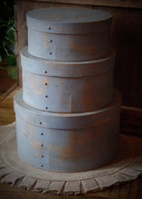 Load image into Gallery viewer, Primitive Distressed Aged Grungy Nesting Pantry Boxes~Farmhouse Rustic Kitchen Stacking Boxes~Colonial Blue~Stacking Paper Mache Boxes~