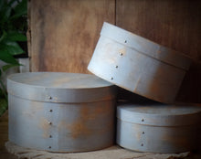 Load image into Gallery viewer, Primitive Distressed Aged Grungy Nesting Pantry Boxes~Farmhouse Rustic Kitchen Stacking Boxes~Colonial Blue~Stacking Paper Mache Boxes~