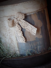 Load image into Gallery viewer, Primitive Distressed Aged Grungy Farmhouse Easter Bunny Pantry Box~Farmhouse Rustic Pale Blue Barnwood Label~Primitive Easter Table Decor~