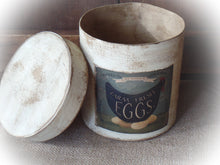 Load image into Gallery viewer, Farmhouse Distressed Aged Grungy Hen & Egg Pantry Box~Farmhouse Rustic Primitive Spring Home "Farm Fresh Eggs" ~Muted Blue~Black~Cream~Red