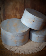Load image into Gallery viewer, Primitive Distressed Aged Grungy Nesting Pantry Boxes~Farmhouse Rustic Kitchen Stacking Boxes~Colonial Blue~Stacking Paper Mache Boxes~