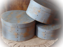 Load image into Gallery viewer, Primitive Distressed Aged Grungy Nesting Pantry Boxes~Farmhouse Rustic Kitchen Stacking Boxes~Colonial Blue~Stacking Paper Mache Boxes~