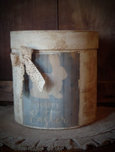 Load image into Gallery viewer, Primitive Distressed Aged Grungy Farmhouse Easter Bunny Pantry Box~Farmhouse Rustic Pale Blue Barnwood Label~Primitive Easter Table Decor~