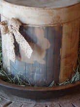 Load image into Gallery viewer, Primitive Distressed Aged Grungy Farmhouse Easter Bunny Pantry Box~Farmhouse Rustic Pale Blue Barnwood Label~Primitive Easter Table Decor~