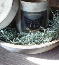 Load image into Gallery viewer, Farmhouse Distressed Aged Grungy Hen & Egg Pantry Box~Farmhouse Rustic Primitive Spring Home "Farm Fresh Eggs" ~Muted Blue~Black~Cream~Red