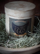 Load image into Gallery viewer, Farmhouse Distressed Aged Grungy Hen & Egg Pantry Box~Farmhouse Rustic Primitive Spring Home "Farm Fresh Eggs" ~Muted Blue~Black~Cream~Red