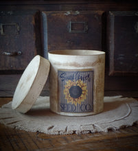 Load image into Gallery viewer, Primitive Distressed Aged Grungy Farmhouse Fall Sunflower Pantry Box~Farmhouse Rustic Stacking Box~Painted Grungy Pantry Label~Muted Blue~