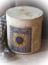 Load image into Gallery viewer, Primitive Distressed Aged Grungy Farmhouse Fall Sunflower Pantry Box~Farmhouse Rustic Stacking Box~Painted Grungy Pantry Label~Muted Blue~