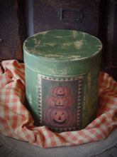 Load image into Gallery viewer, Rustic Farmhouse Aged Grungy Creepy Halloween Pantry Box~Stacked Jack o' Lantern Label~Primitive Halloween Table Decor~Orange~Green~Black