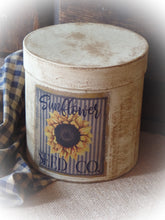 Load image into Gallery viewer, Primitive Distressed Aged Grungy Farmhouse Fall Sunflower Pantry Box~Farmhouse Rustic Stacking Box~Painted Grungy Pantry Label~Muted Blue~